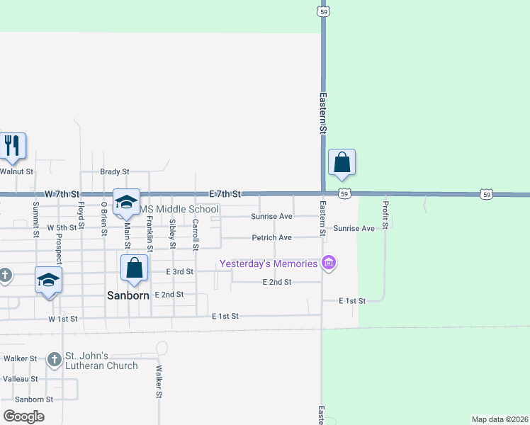 map of restaurants, bars, coffee shops, grocery stores, and more near 602 Sunrise Avenue in Sanborn