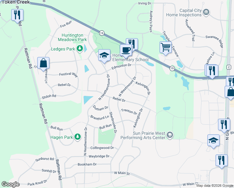 map of restaurants, bars, coffee shops, grocery stores, and more near 504 North Westmount Drive in Sun Prairie