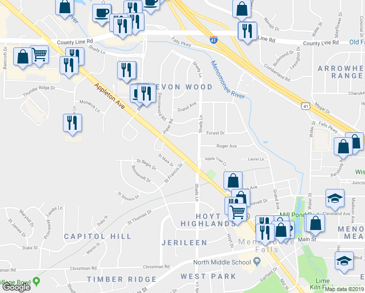 map of restaurants, bars, coffee shops, grocery stores, and more near N92 W17358 Appleton Avenue in Menomonee Falls