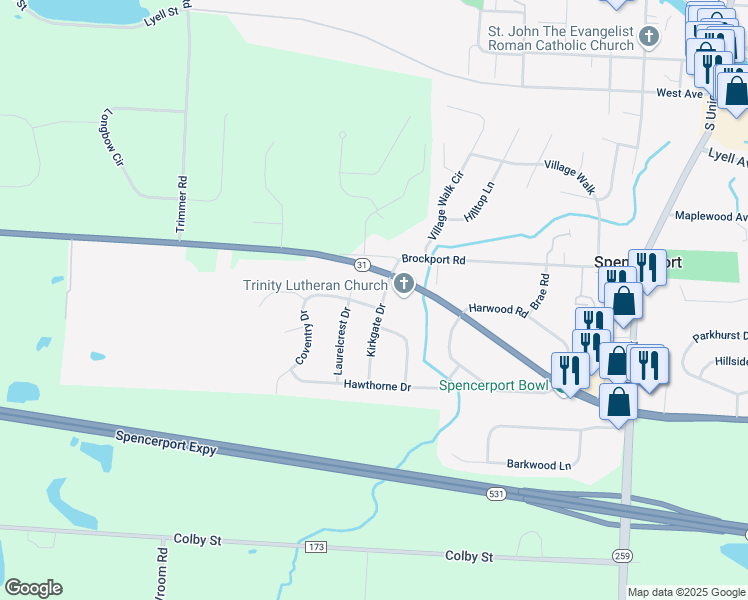 map of restaurants, bars, coffee shops, grocery stores, and more near 31 Kirkgate Drive in Spencerport