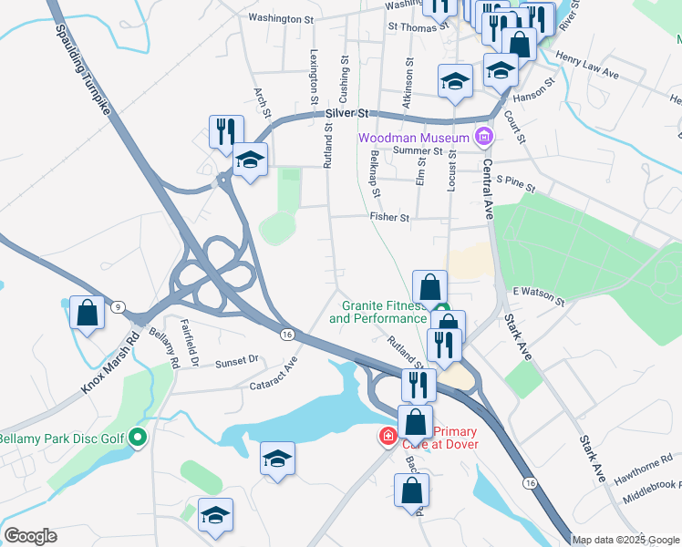 map of restaurants, bars, coffee shops, grocery stores, and more near 64-66 Rutland Street in Dover