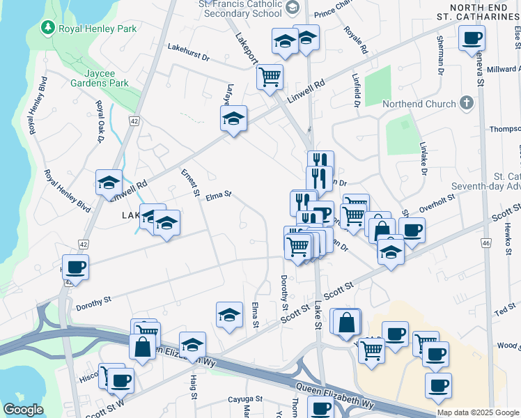 map of restaurants, bars, coffee shops, grocery stores, and more near 102 Elma Street in St. Catharines