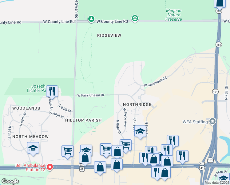 map of restaurants, bars, coffee shops, grocery stores, and more near 8712 West Fairy Chasm Drive in Milwaukee