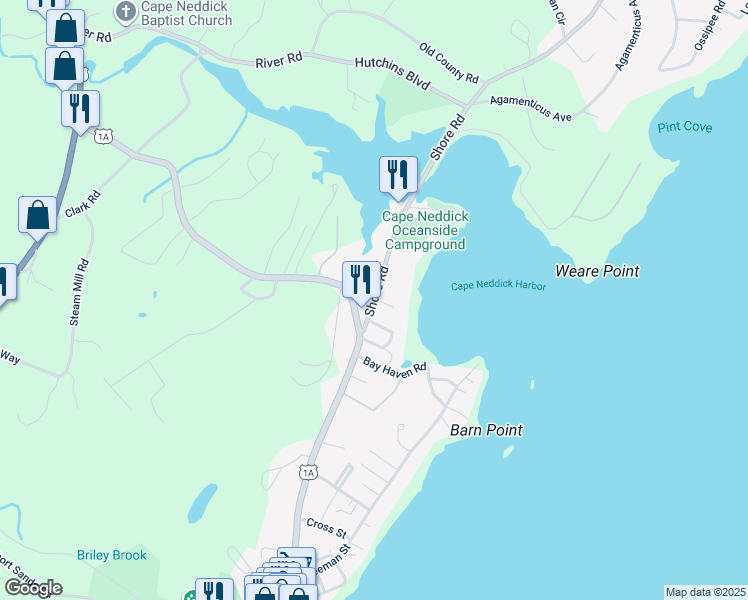 map of restaurants, bars, coffee shops, grocery stores, and more near 17 Shore Road in York