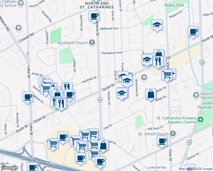 map of restaurants, bars, coffee shops, grocery stores, and more near 259 Scott Street in St. Catharines