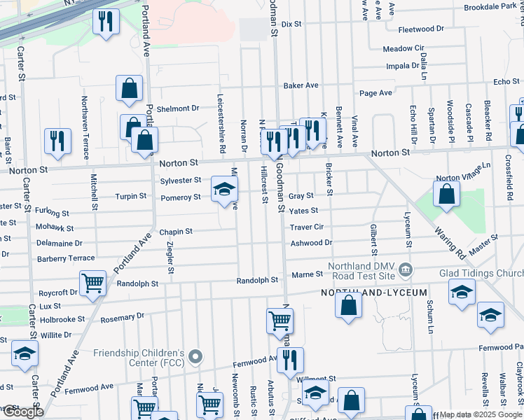 map of restaurants, bars, coffee shops, grocery stores, and more near 134 Hillcrest Street in Rochester
