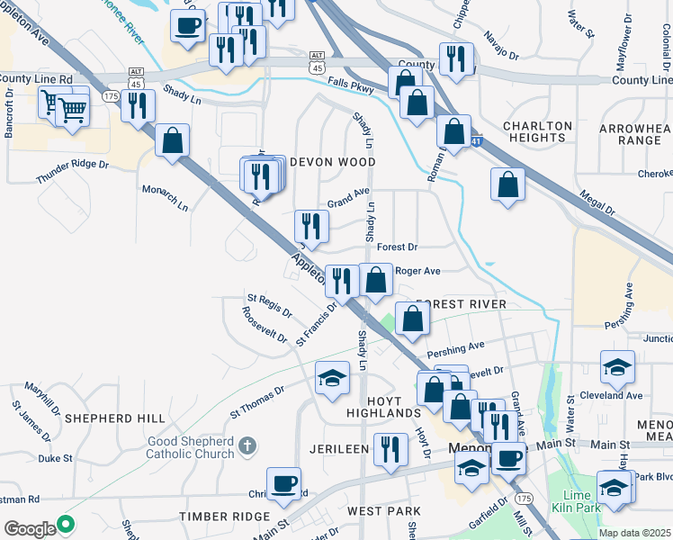 map of restaurants, bars, coffee shops, grocery stores, and more near N92 W17358 Appleton Avenue in Menomonee Falls