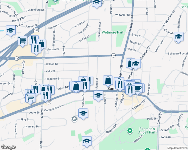 map of restaurants, bars, coffee shops, grocery stores, and more near 161 Jones Street in Sun Prairie