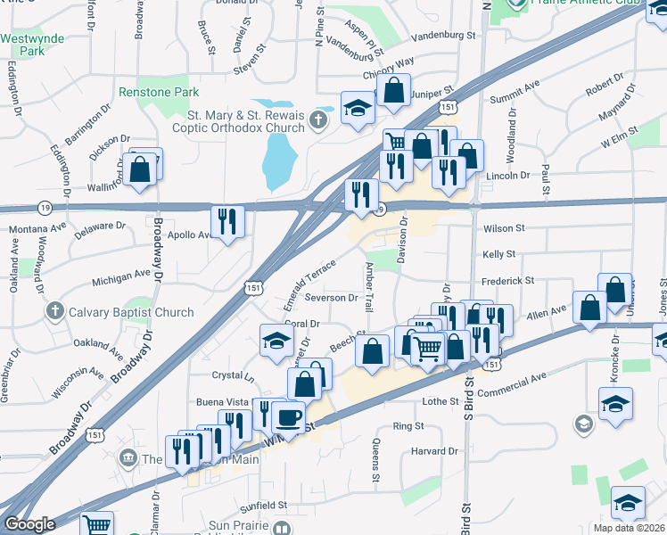 map of restaurants, bars, coffee shops, grocery stores, and more near 1205 Emerald Terrace in Sun Prairie