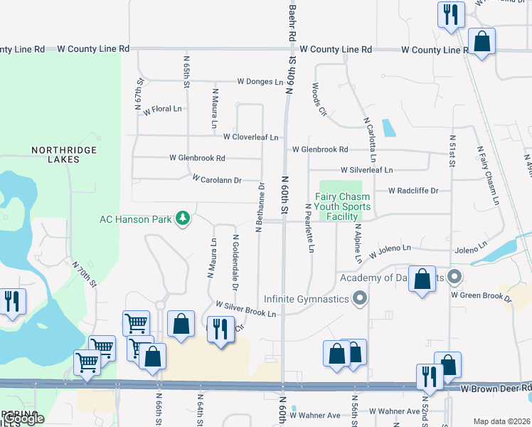 map of restaurants, bars, coffee shops, grocery stores, and more near 9216 North Bethanne Drive in Brown Deer