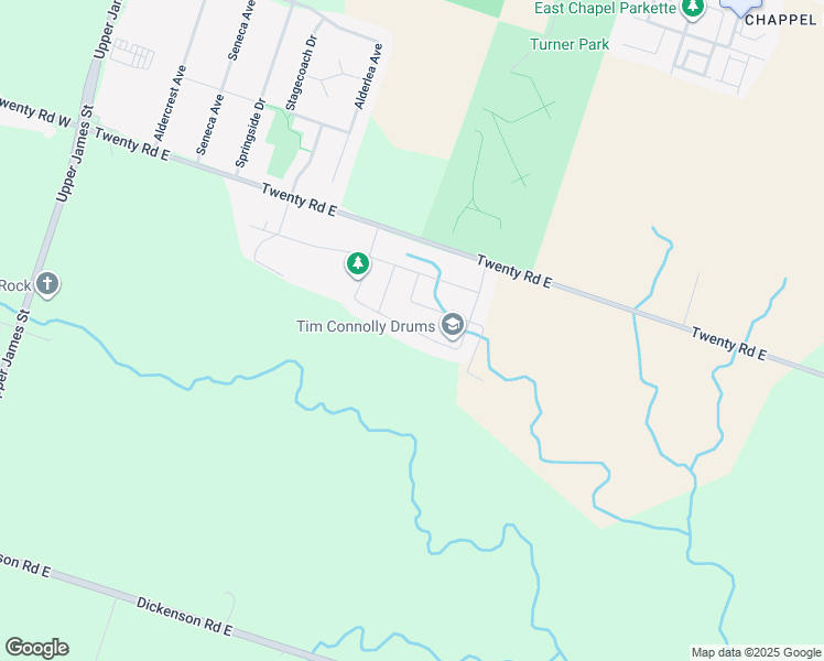 map of restaurants, bars, coffee shops, grocery stores, and more near Greti Drive in Hamilton