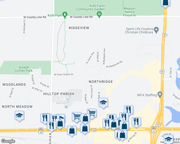 map of restaurants, bars, coffee shops, grocery stores, and more near 8640 West Fairy Chasm Drive in Milwaukee