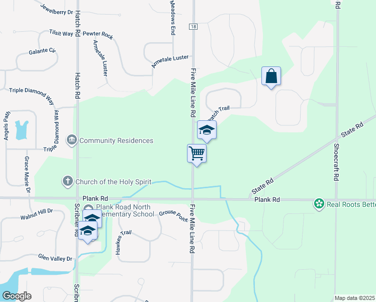 map of restaurants, bars, coffee shops, grocery stores, and more near 1319 Five Mile Line Road in Webster