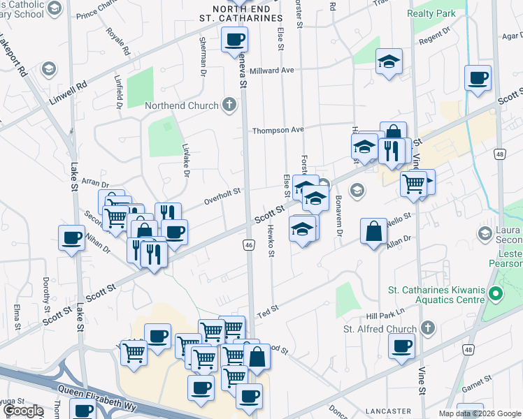 map of restaurants, bars, coffee shops, grocery stores, and more near 259 Scott Street in St. Catharines