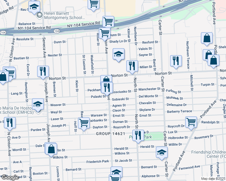 map of restaurants, bars, coffee shops, grocery stores, and more near 18 Kosciusko Street in Rochester