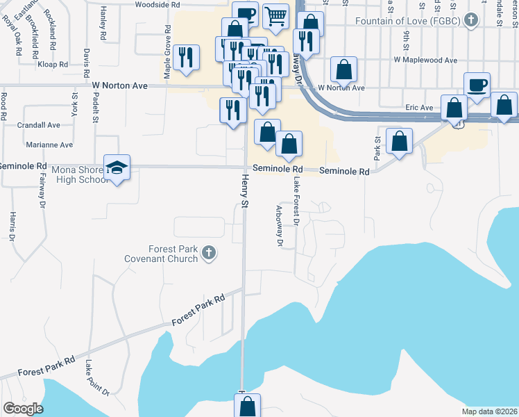 map of restaurants, bars, coffee shops, grocery stores, and more near 3721 Arborway Drive in Norton Shores