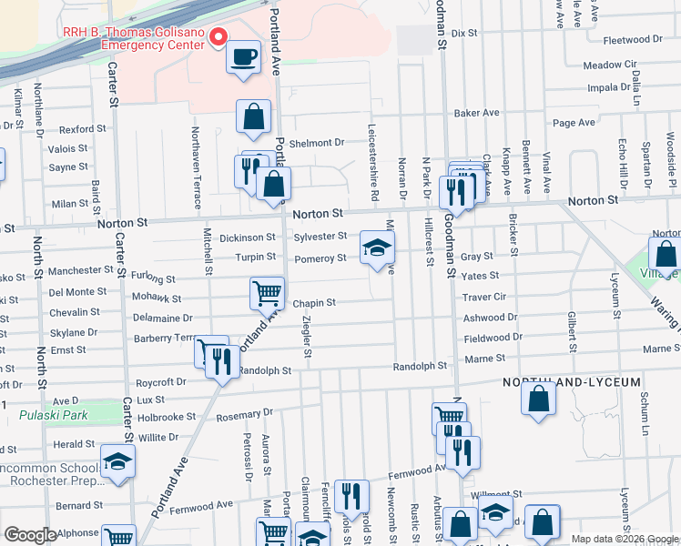 map of restaurants, bars, coffee shops, grocery stores, and more near 87 Jackson Street in Rochester