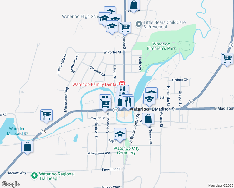 map of restaurants, bars, coffee shops, grocery stores, and more near 217 North Monroe Street in Waterloo