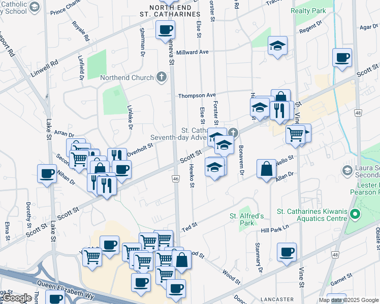 map of restaurants, bars, coffee shops, grocery stores, and more near 261 Scott Street in St. Catharines