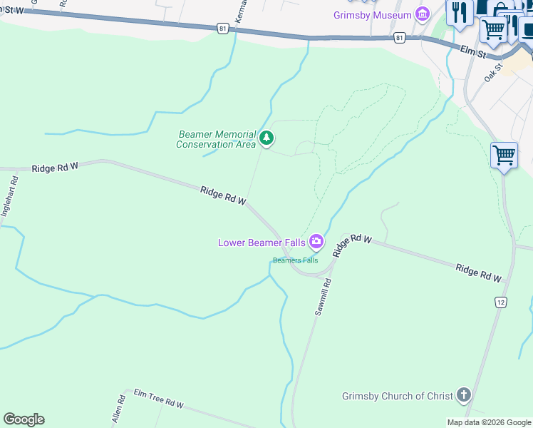 map of restaurants, bars, coffee shops, grocery stores, and more near 146 Ridge Road West in Grimsby