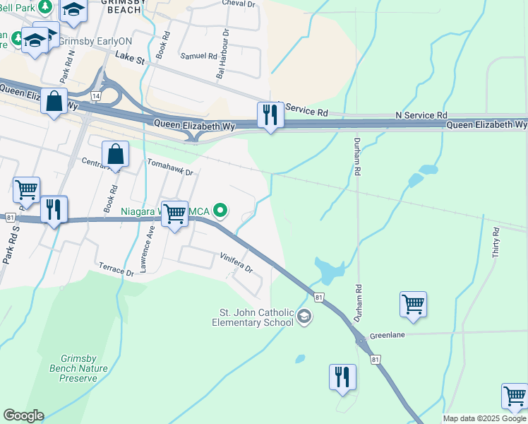 map of restaurants, bars, coffee shops, grocery stores, and more near 5 Iroquois Trail in Grimsby