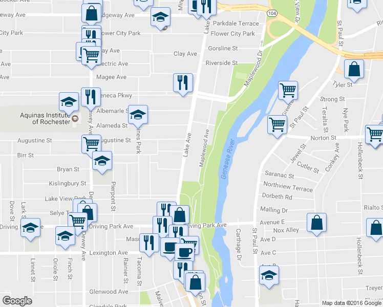 map of restaurants, bars, coffee shops, grocery stores, and more near 1080 Lake Avenue in Rochester