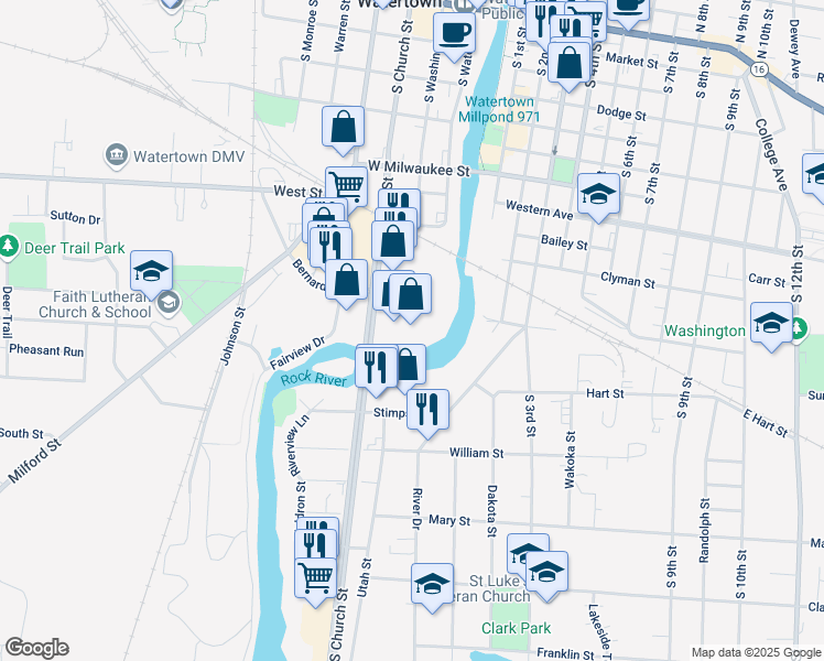 map of restaurants, bars, coffee shops, grocery stores, and more near 701 South Church Street in Watertown