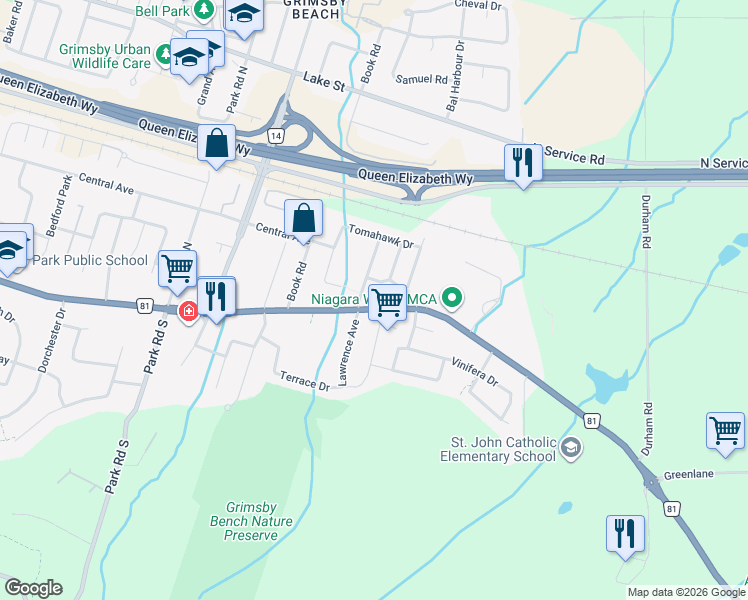 map of restaurants, bars, coffee shops, grocery stores, and more near 313 Main Street East in Grimsby