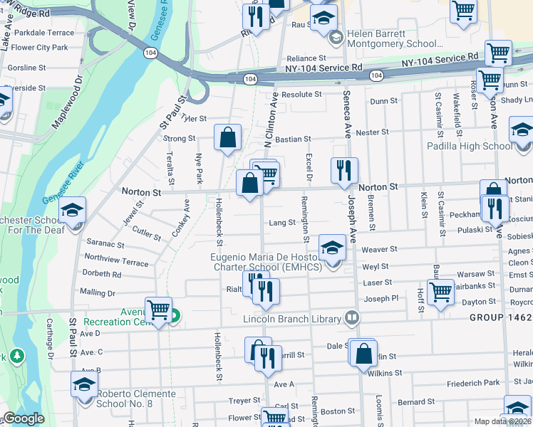 map of restaurants, bars, coffee shops, grocery stores, and more near 1400 North Clinton Avenue in Rochester
