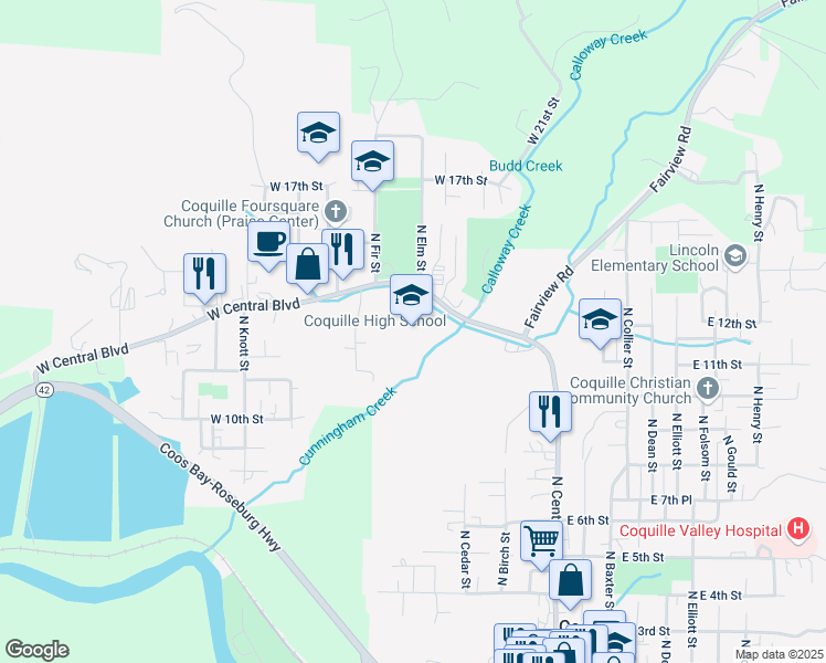 map of restaurants, bars, coffee shops, grocery stores, and more near 499 West Central Boulevard in Coquille