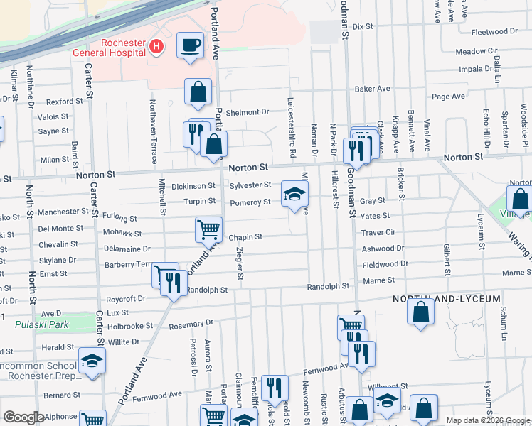 map of restaurants, bars, coffee shops, grocery stores, and more near 87 Jackson Street in Rochester
