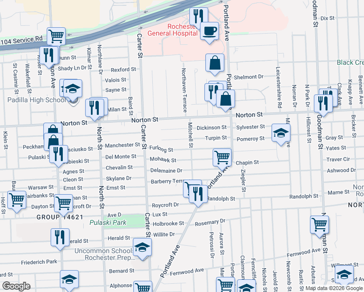 map of restaurants, bars, coffee shops, grocery stores, and more near 175 Furlong Street in Rochester