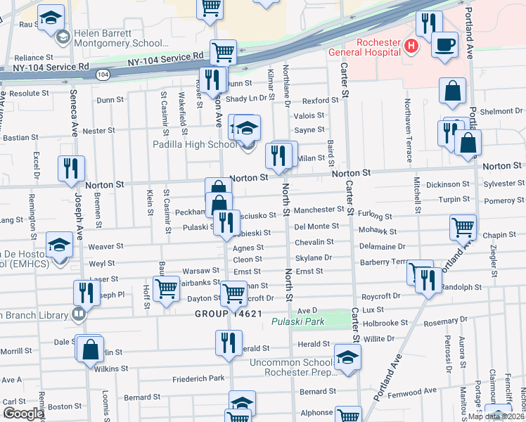 map of restaurants, bars, coffee shops, grocery stores, and more near 101 Kosciusko Street in Rochester