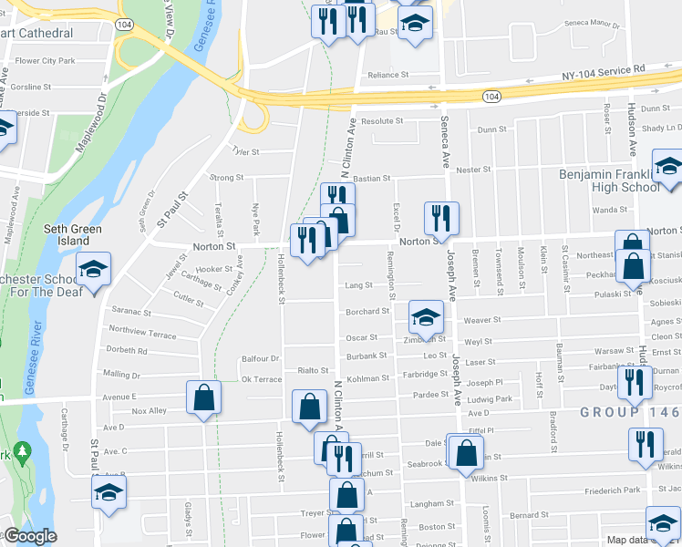 map of restaurants, bars, coffee shops, grocery stores, and more near 3 Lang Street in Rochester