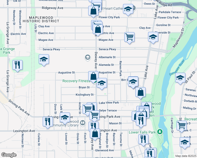 map of restaurants, bars, coffee shops, grocery stores, and more near 1050 Dewey Avenue in Rochester