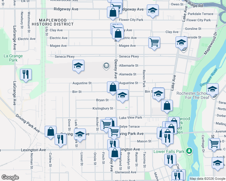 map of restaurants, bars, coffee shops, grocery stores, and more near 311 Birr Street in Rochester