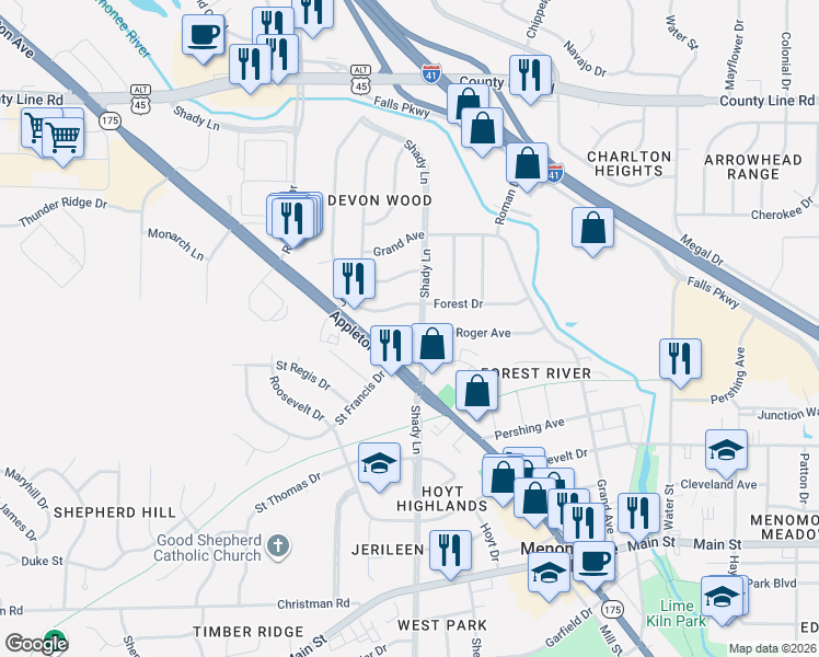 map of restaurants, bars, coffee shops, grocery stores, and more near W172 N9207 Shady Lane in Menomonee Falls