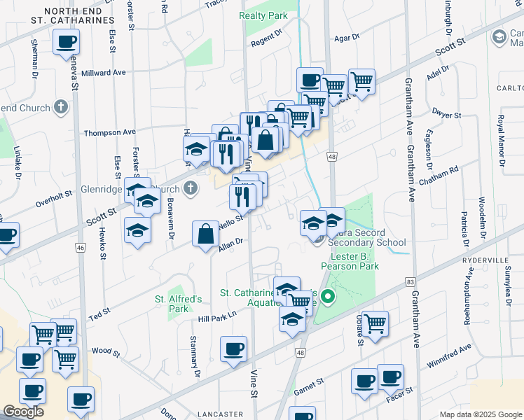 map of restaurants, bars, coffee shops, grocery stores, and more near 101 Old Pine Trail in St. Catharines