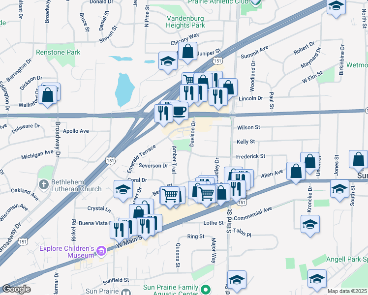 map of restaurants, bars, coffee shops, grocery stores, and more near 200 Davison Drive in Sun Prairie