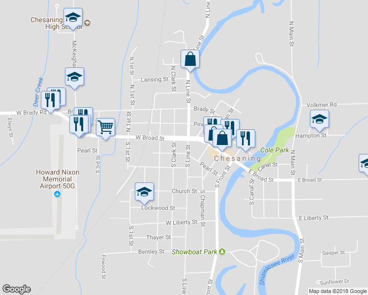 map of restaurants, bars, coffee shops, grocery stores, and more near 114 South Line Street in Chesaning