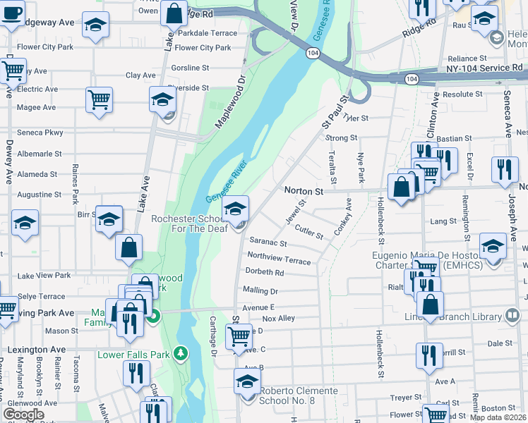 map of restaurants, bars, coffee shops, grocery stores, and more near 15 Beach Street in Rochester