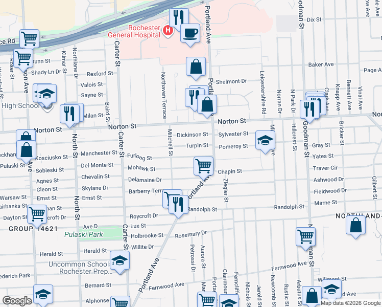 map of restaurants, bars, coffee shops, grocery stores, and more near 69 Furlong Street in Rochester