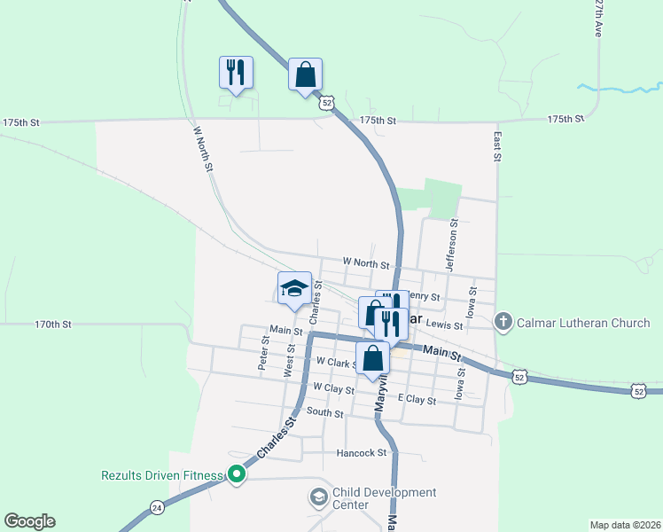 map of restaurants, bars, coffee shops, grocery stores, and more near 303 Henry Street in Calmar