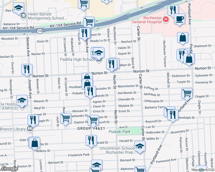 map of restaurants, bars, coffee shops, grocery stores, and more near 101 Kosciusko Street in Rochester