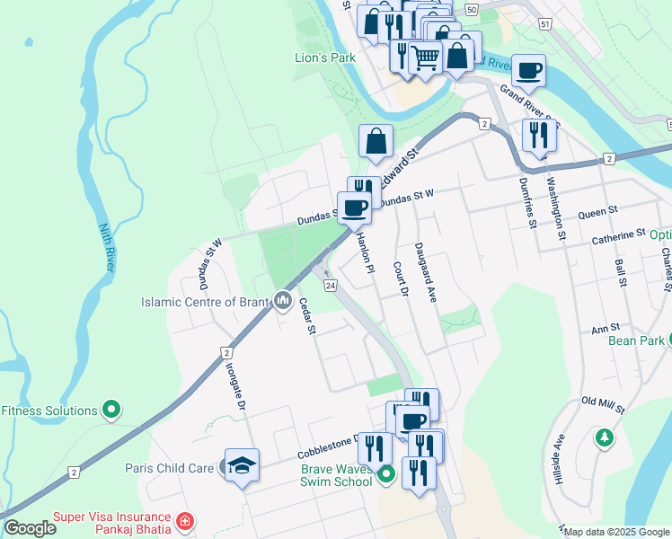 map of restaurants, bars, coffee shops, grocery stores, and more near in Brant