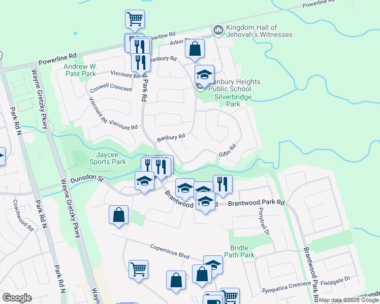 map of restaurants, bars, coffee shops, grocery stores, and more near 17 Orkney Place in Brantford