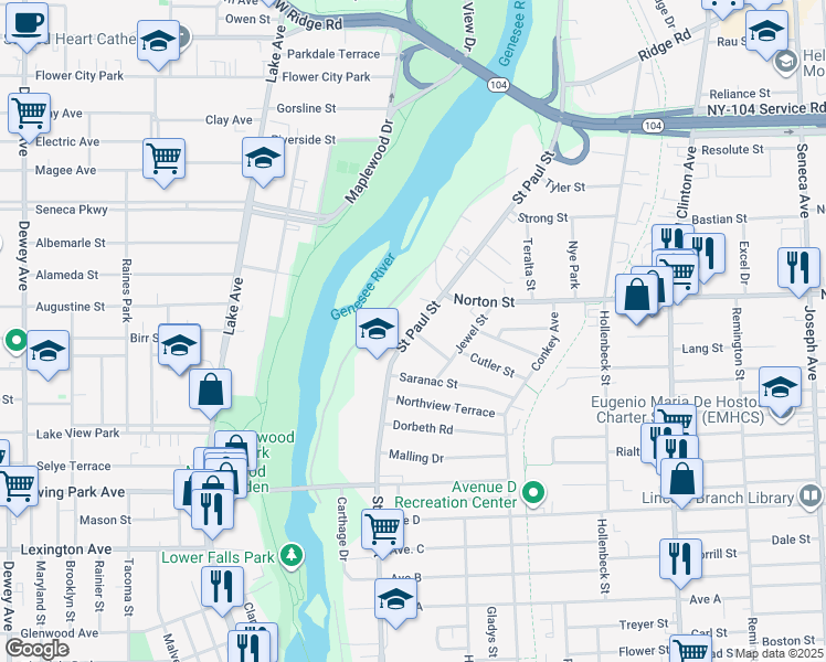 map of restaurants, bars, coffee shops, grocery stores, and more near Saint Paul Street & Beach Street in Rochester
