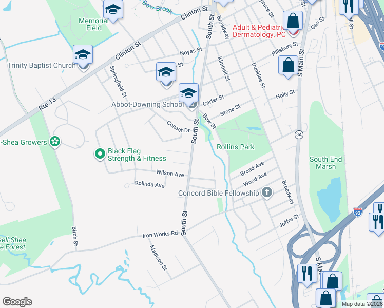 map of restaurants, bars, coffee shops, grocery stores, and more near 197 South Street in Concord