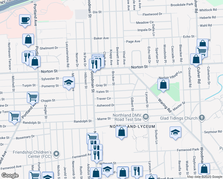 map of restaurants, bars, coffee shops, grocery stores, and more near 75 Yates Street in Rochester