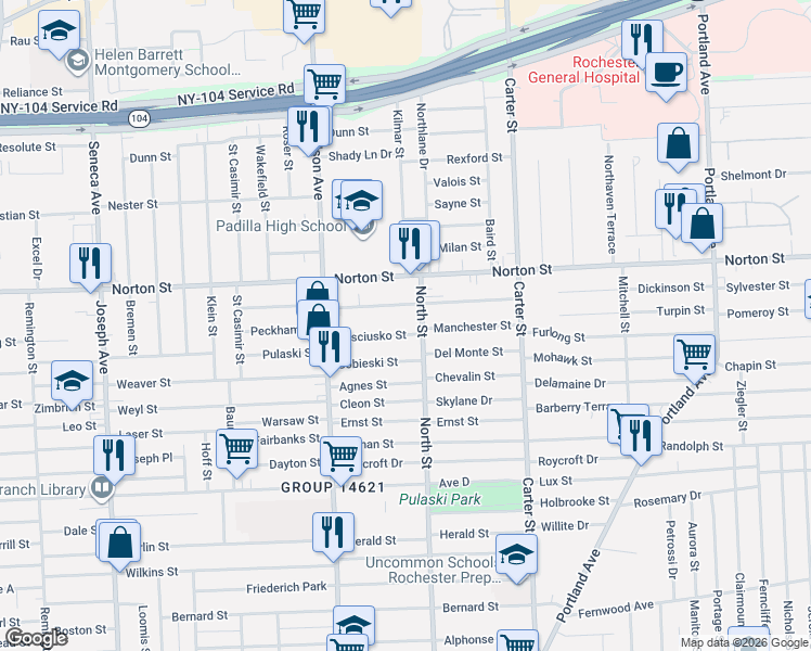 map of restaurants, bars, coffee shops, grocery stores, and more near 101 Kosciusko Street in Rochester